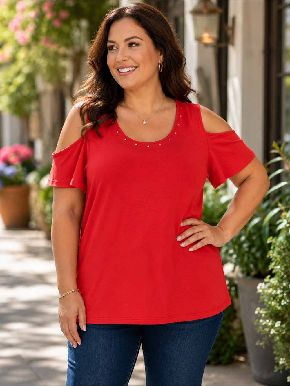 RAFAELLA Top Coral Cold Shoulder Studded Scoop Neck Cotton Women’s Plus Size 2X